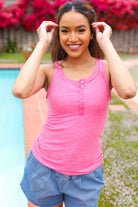 Zenana Summer Days Fuchsia Melange Ribbed Henley Button Down Tank Zenana