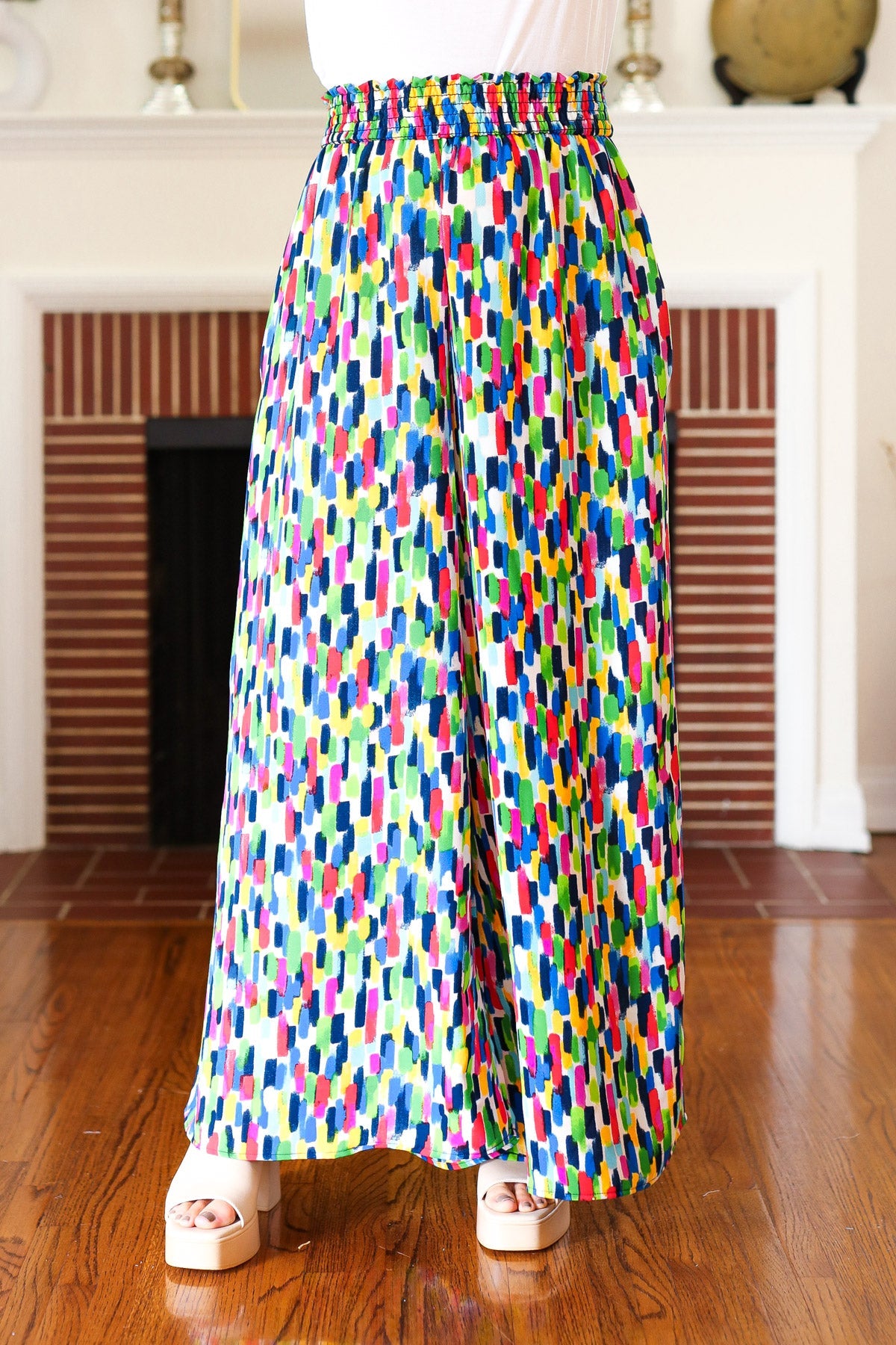 Haptics Stand Out Navy & Green Abstract Print Smocked Waist Palazzo Pants Final Sale Haptics