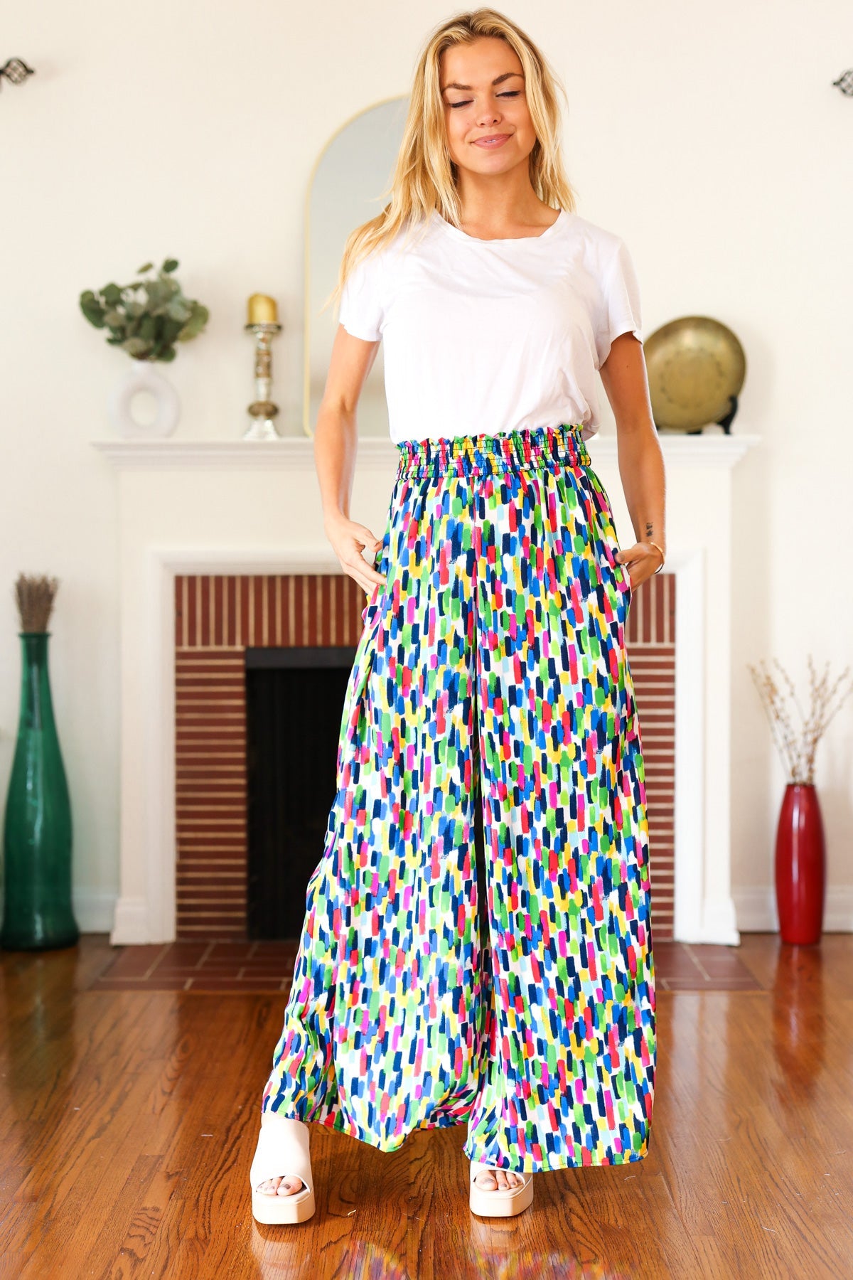 Haptics Stand Out Navy & Green Abstract Print Smocked Waist Palazzo Pants Final Sale Haptics