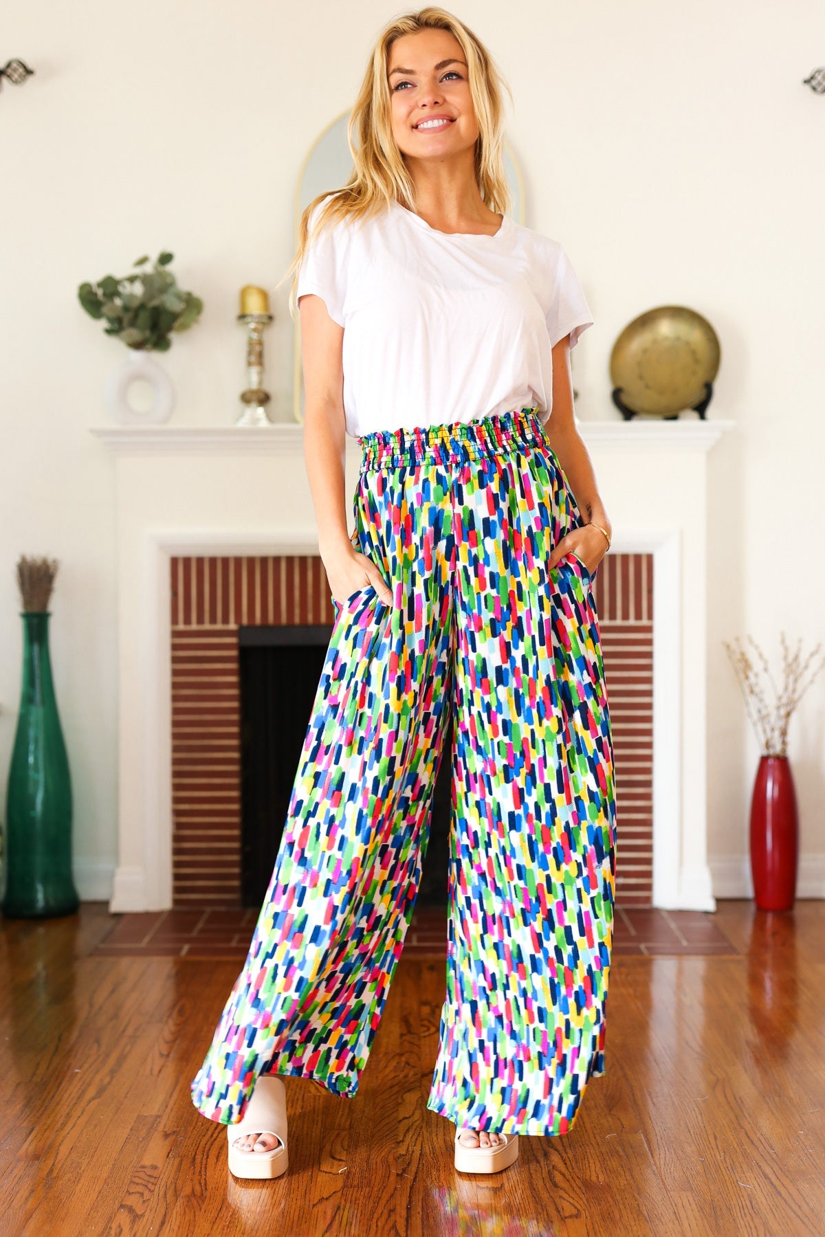 Haptics Stand Out Navy & Green Abstract Print Smocked Waist Palazzo Pants Final Sale Haptics