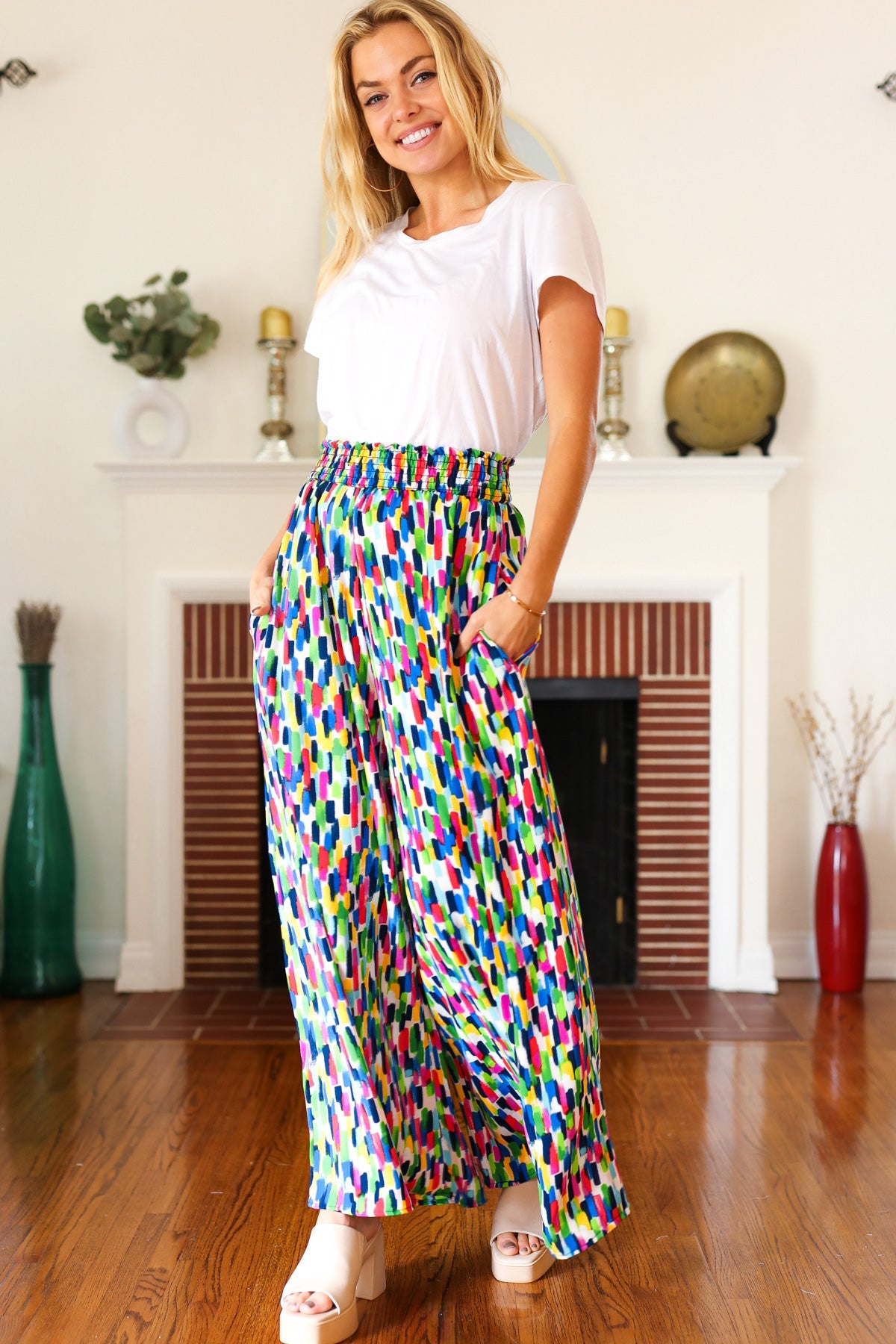 Haptics Stand Out Navy & Green Abstract Print Smocked Waist Palazzo Pants Final Sale Haptics