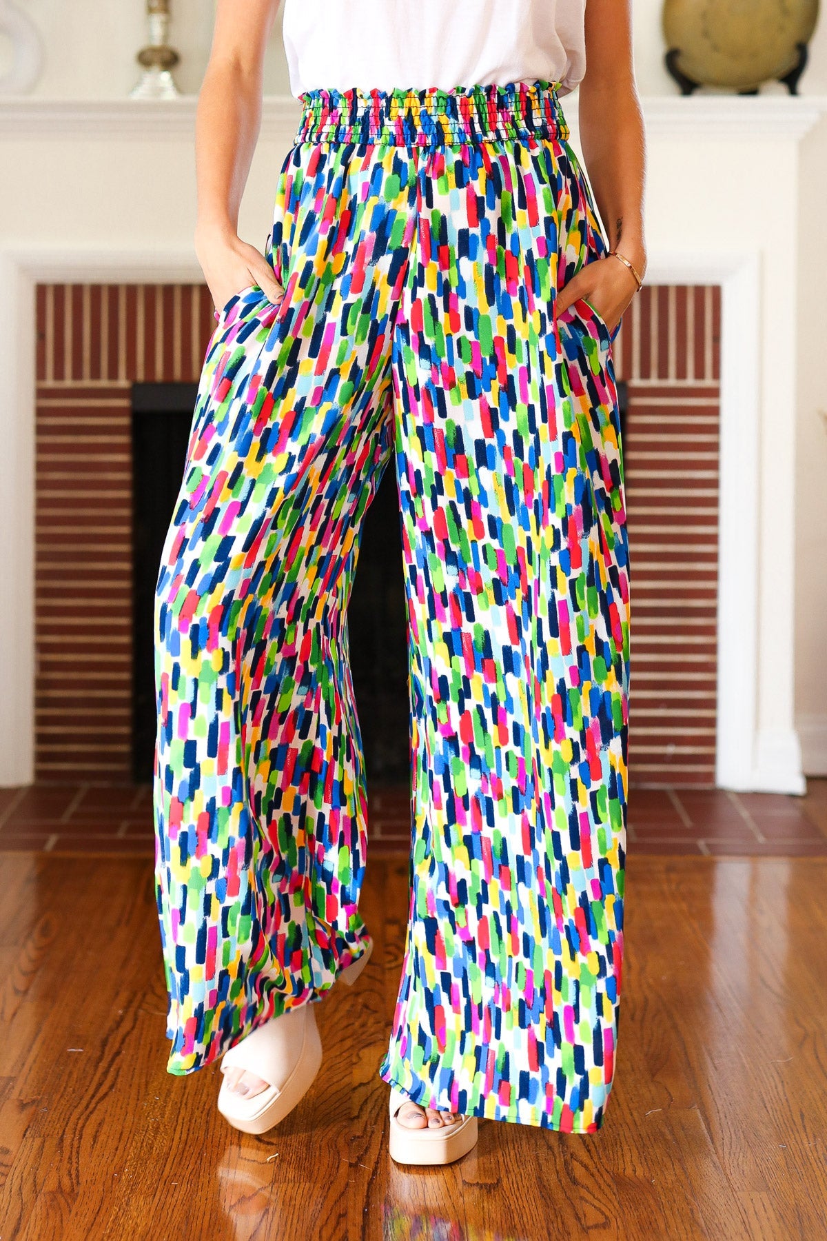 Haptics Stand Out Navy & Green Abstract Print Smocked Waist Palazzo Pants Final Sale Haptics