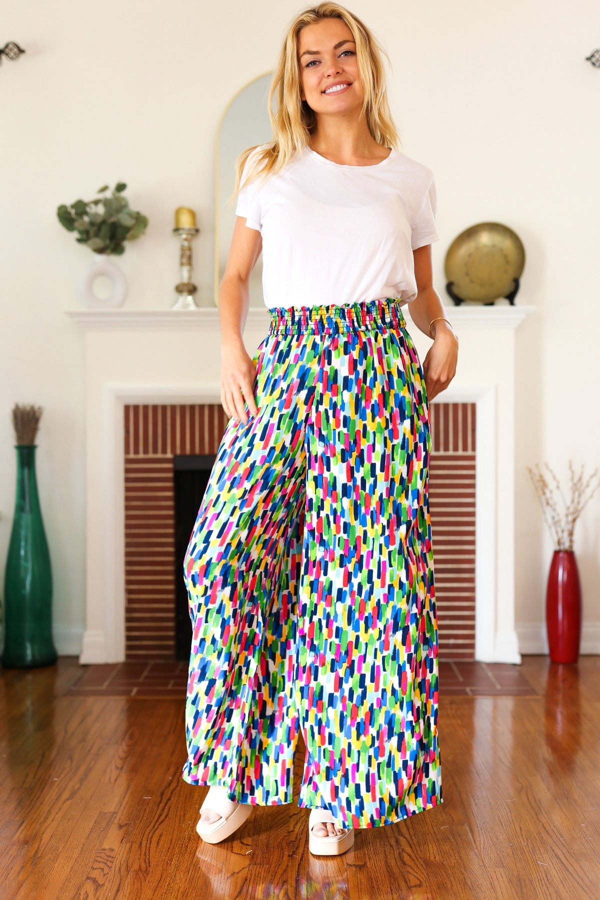 Haptics Stand Out Navy & Green Abstract Print Smocked Waist Palazzo Pants Final Sale Haptics