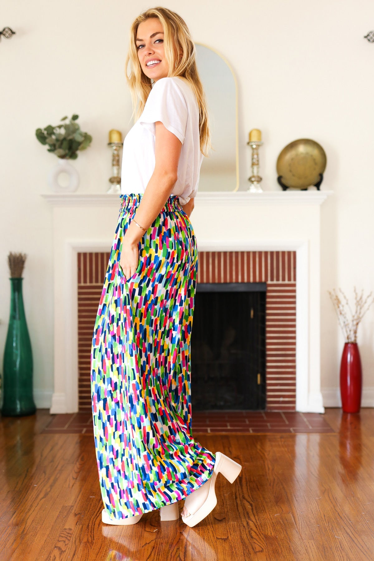 Haptics Stand Out Navy & Green Abstract Print Smocked Waist Palazzo Pants Final Sale Haptics