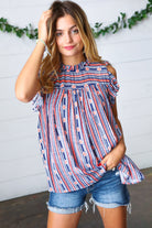 Haptics Navy & Orange Boho Stripe Flutter Sleeve Top Haptics