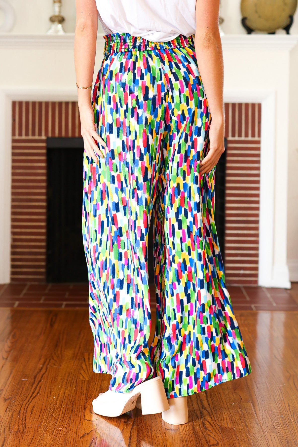 Haptics Stand Out Navy & Green Abstract Print Smocked Waist Palazzo Pants Final Sale Haptics