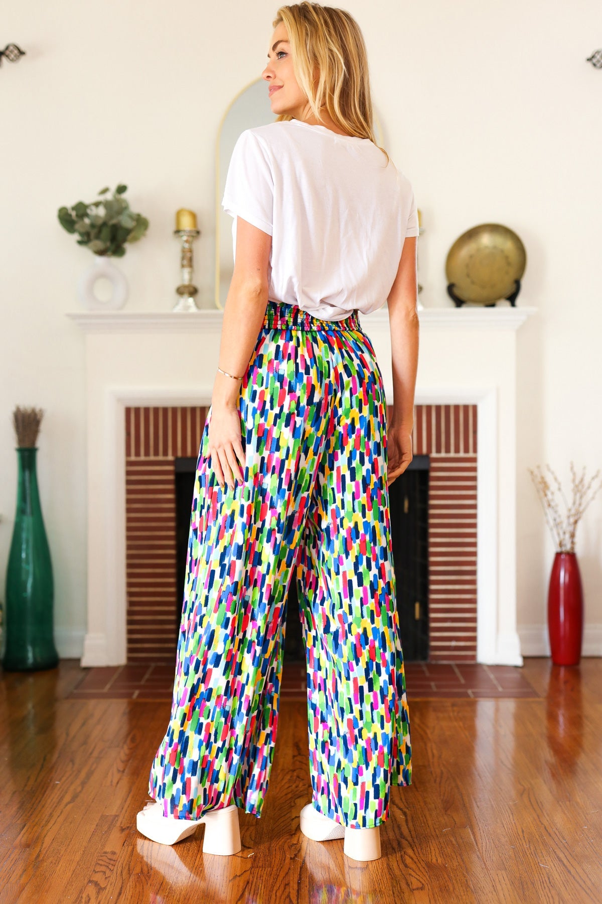 Haptics Stand Out Navy & Green Abstract Print Smocked Waist Palazzo Pants Final Sale Haptics