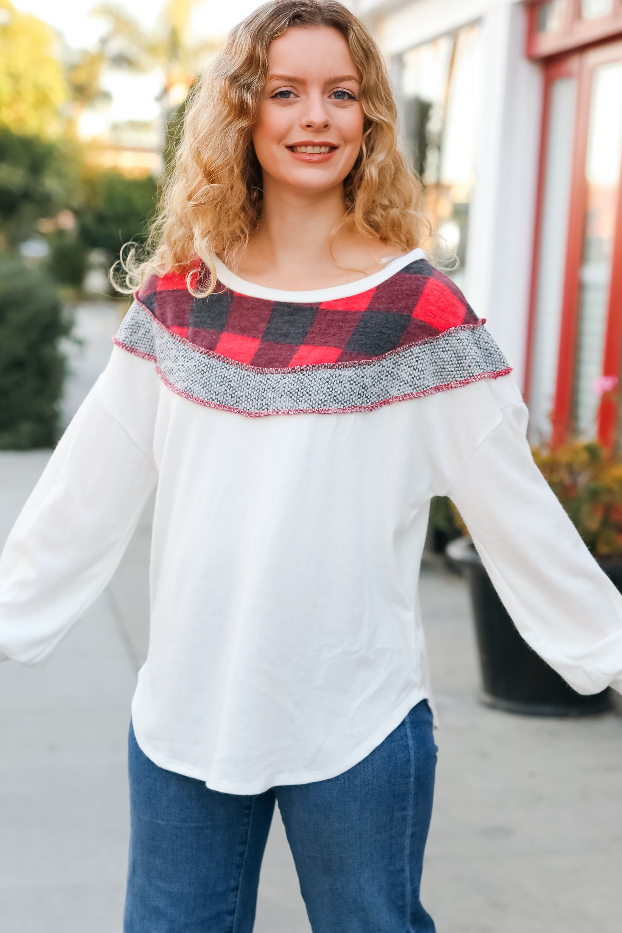 Haptics Red & Grey Buffalo Plaid Hacci Outseam Top Haptics