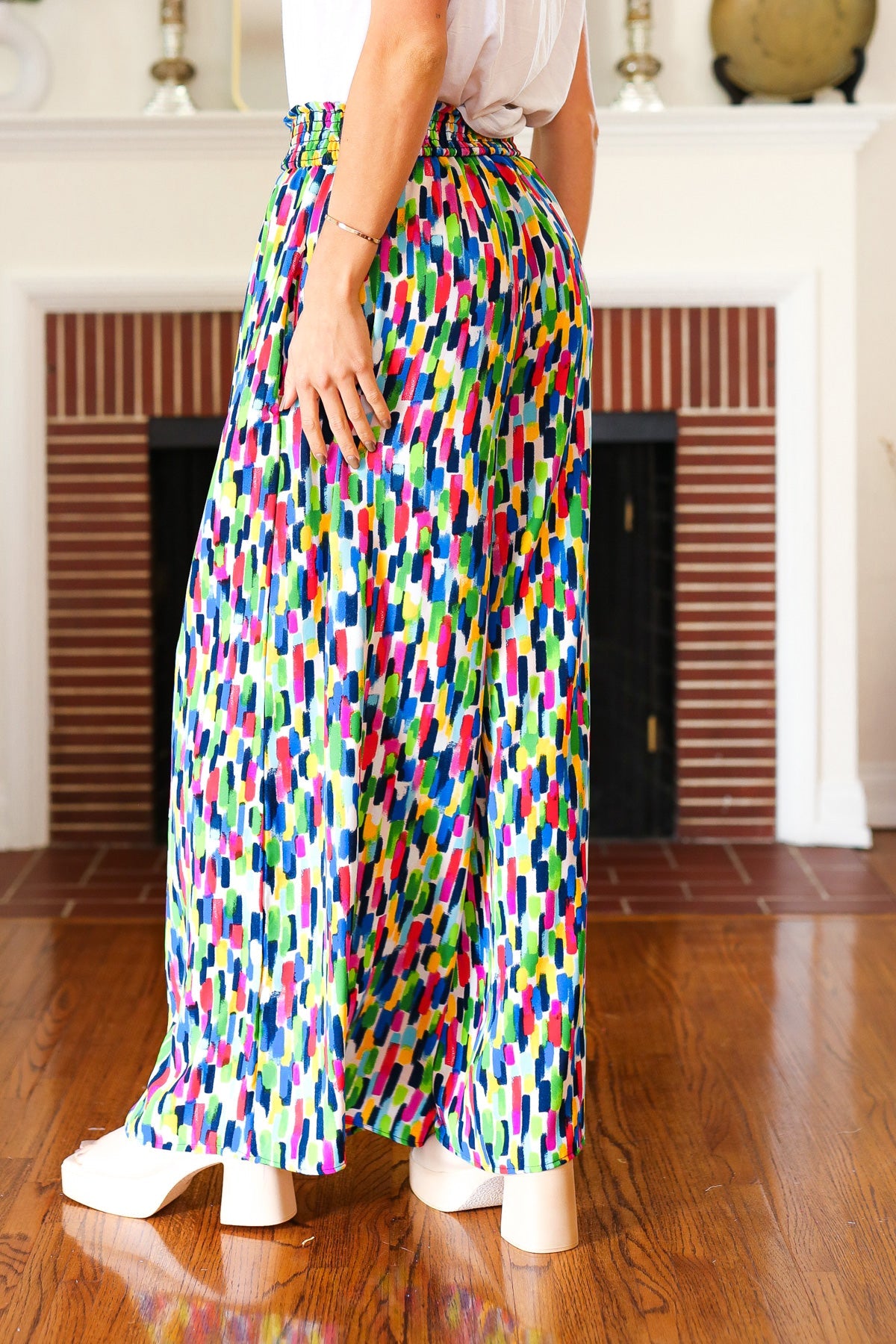 Haptics Stand Out Navy & Green Abstract Print Smocked Waist Palazzo Pants Final Sale Haptics