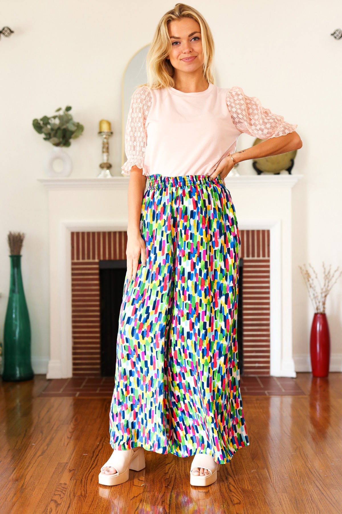 Haptics Stand Out Navy & Green Abstract Print Smocked Waist Palazzo Pants Final Sale Haptics