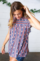 Haptics Navy & Orange Boho Stripe Flutter Sleeve Top Haptics