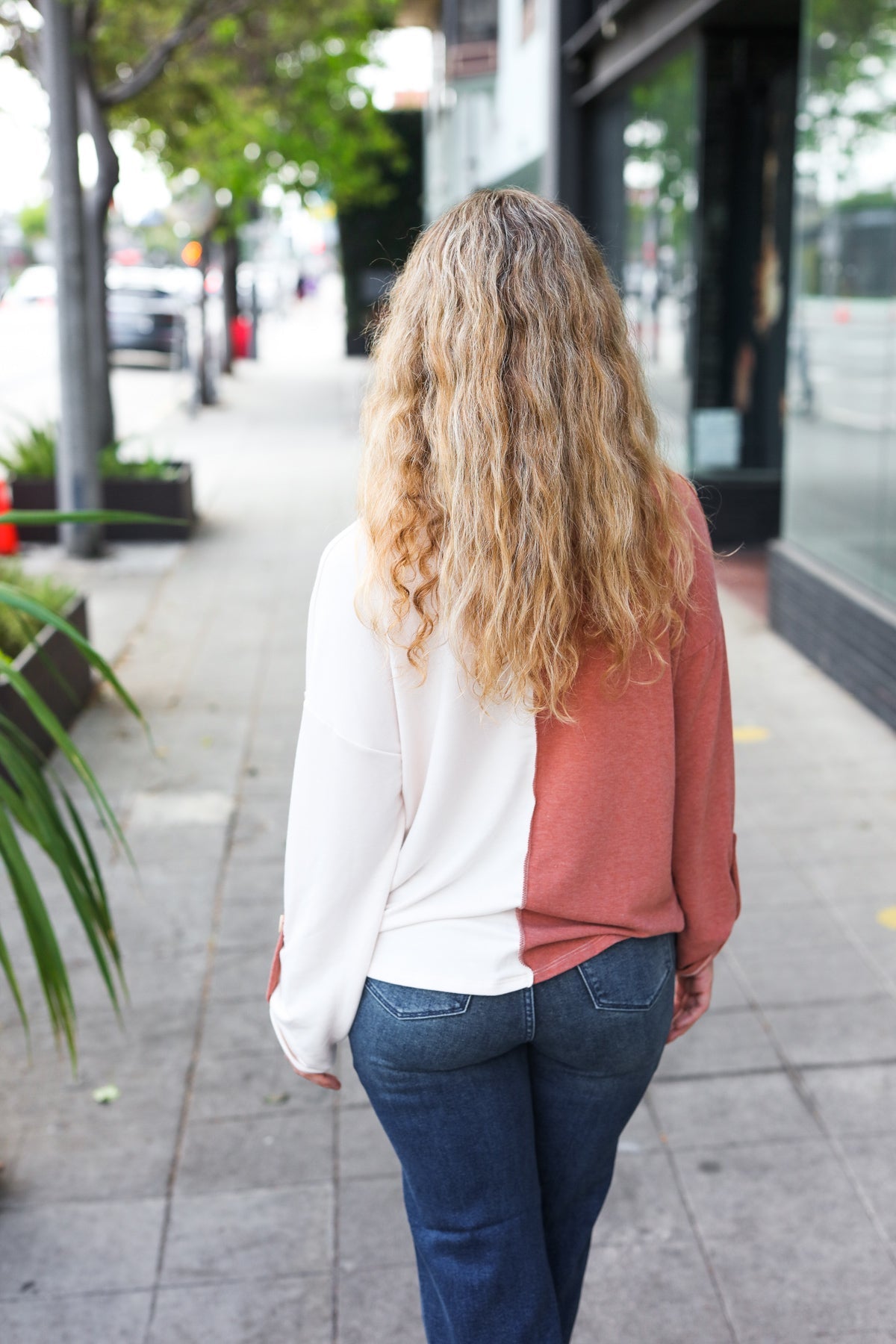 Haptics Start Your Day Rust Half & Half Collared Notched Neck Top Haptics