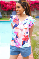 Haptics Coral Tropical Print Flutter Sleeve Top Shirts & Tops