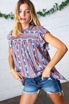 Haptics Navy & Orange Boho Stripe Flutter Sleeve Top Haptics