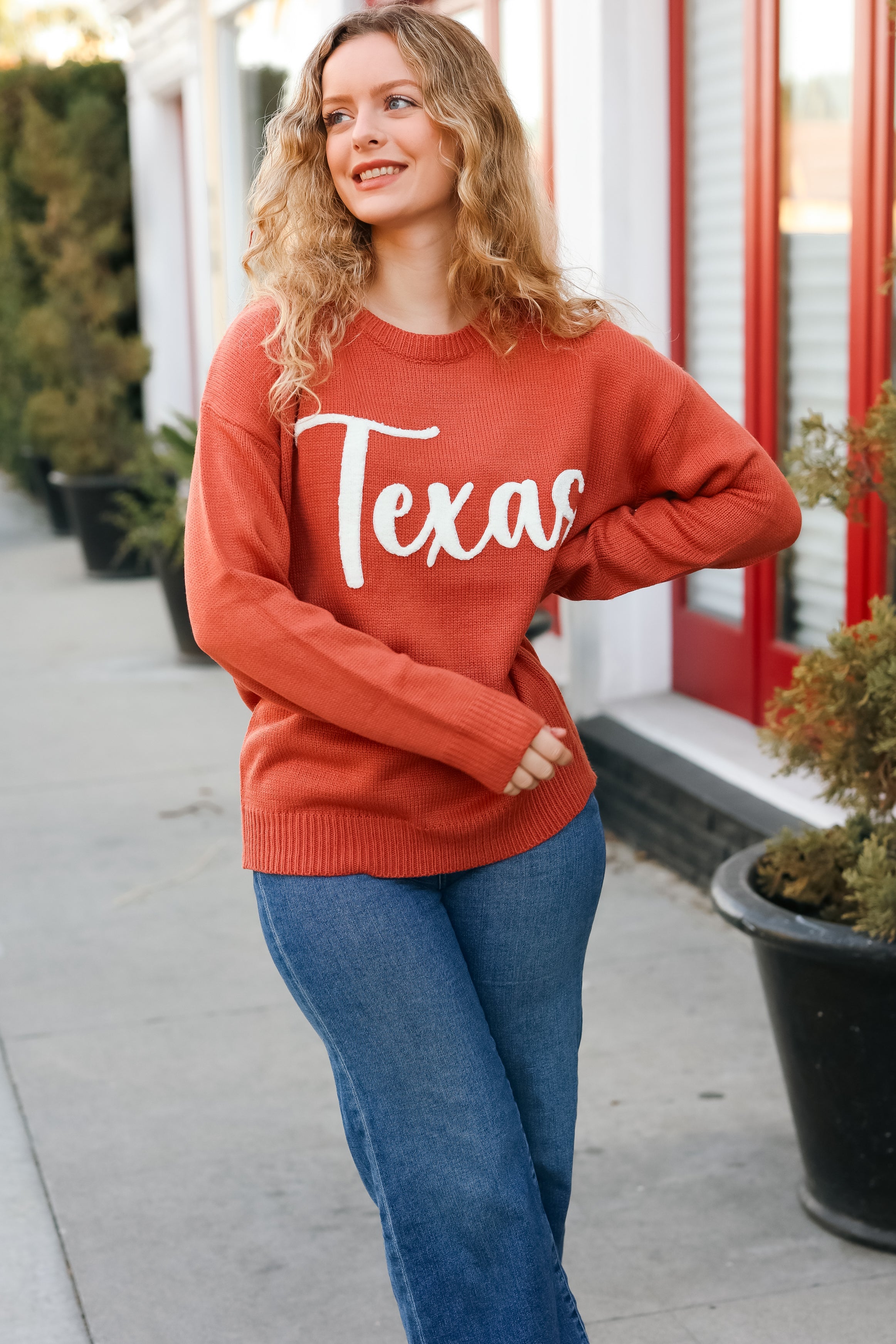 Haptics Game Day Burnt Orange "Texas" Embroidery Pop Up Sweater Haptics