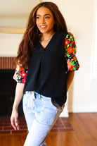 Haptics Eyes On You Black Floral Puff Sleeve V Neck Top S, Final Sale Haptics