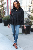 Haptics Perfectly You Black Button Down Tiered Babydoll Satin Top Final Sale
