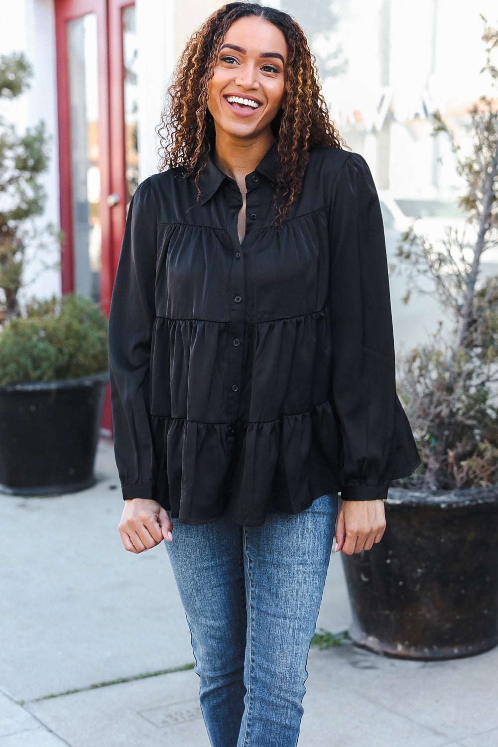 Haptics Perfectly You Black Button Down Tiered Babydoll Satin Top Final Sale