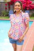 Haptics Beautiful You Ivory Floral Lace Frill Notch Neck Puff Sleeve Top 2025 Summer-Blow Out Sale
