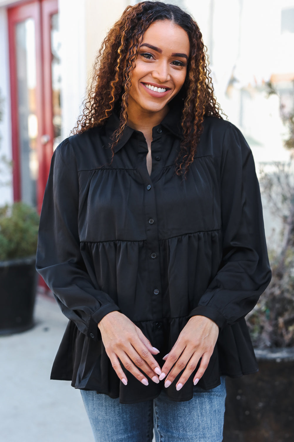 Haptics Perfectly You Black Button Down Tiered Babydoll Satin Top Final Sale
