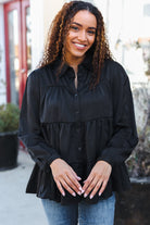 Haptics Perfectly You Black Button Down Tiered Babydoll Satin Top Final Sale