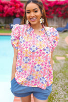 Haptics Beautiful You Ivory Floral Lace Frill Notch Neck Puff Sleeve Top 2025 Summer-Blow Out Sale