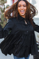 Haptics Perfectly You Black Button Down Tiered Babydoll Satin Top Final Sale