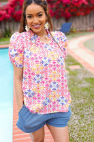 Haptics Beautiful You Ivory Floral Lace Frill Notch Neck Puff Sleeve Top 2025 Summer-Blow Out Sale