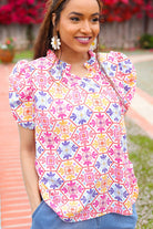 Haptics Beautiful You Ivory Floral Lace Frill Notch Neck Puff Sleeve Top 2025 Summer-Blow Out Sale