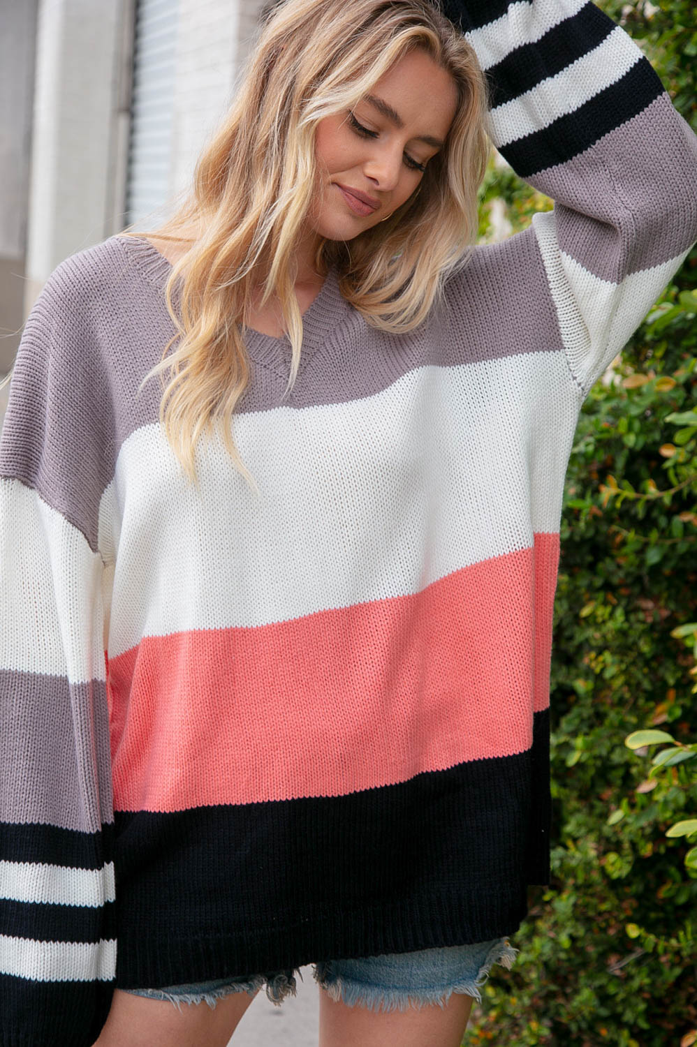 Haptics Slate V Neck Color Block Slouchy Knit Sweater