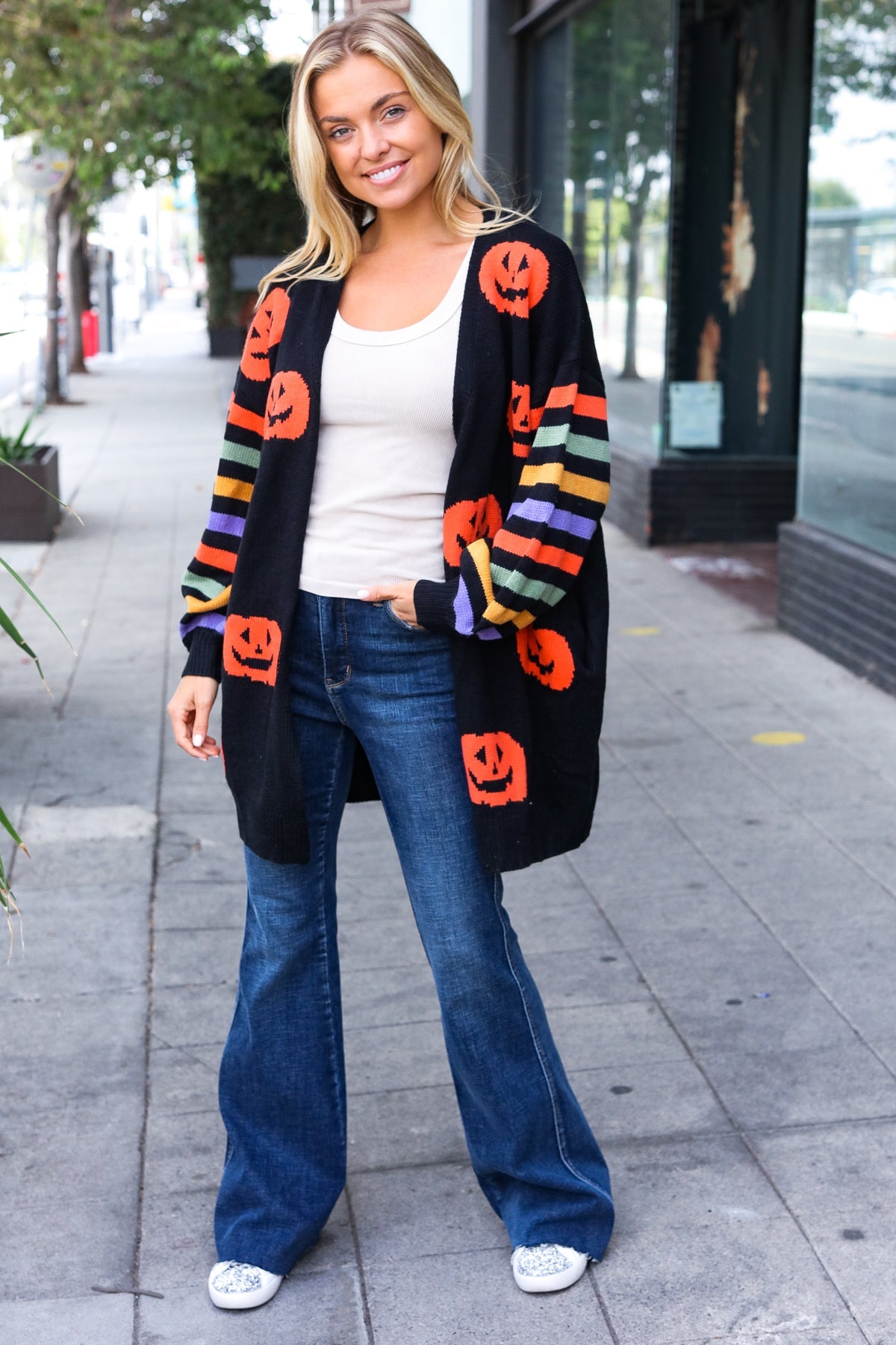 Haptics Pumpkin Multicolor Stripe Jacquard Knit Open Cardigan Haptics