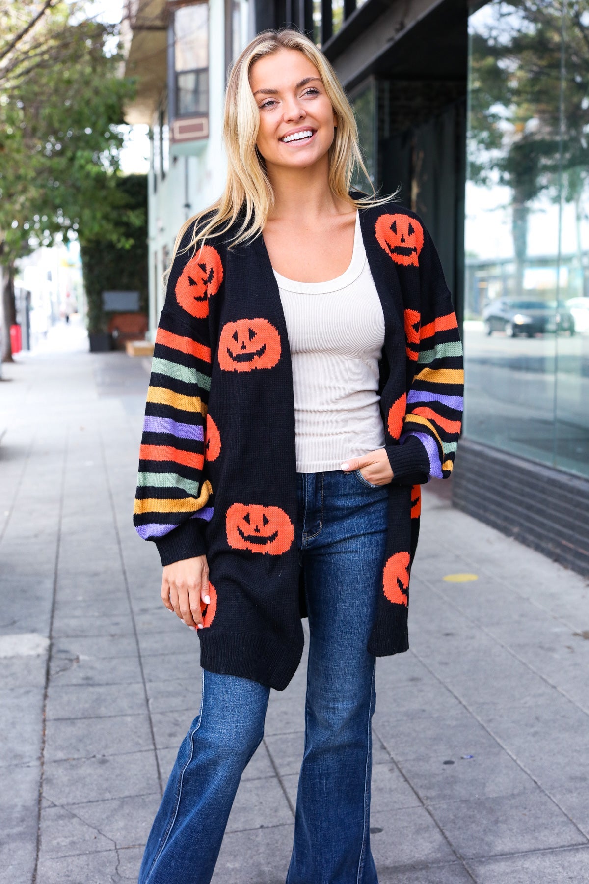 Haptics Pumpkin Multicolor Stripe Jacquard Knit Open Cardigan Haptics