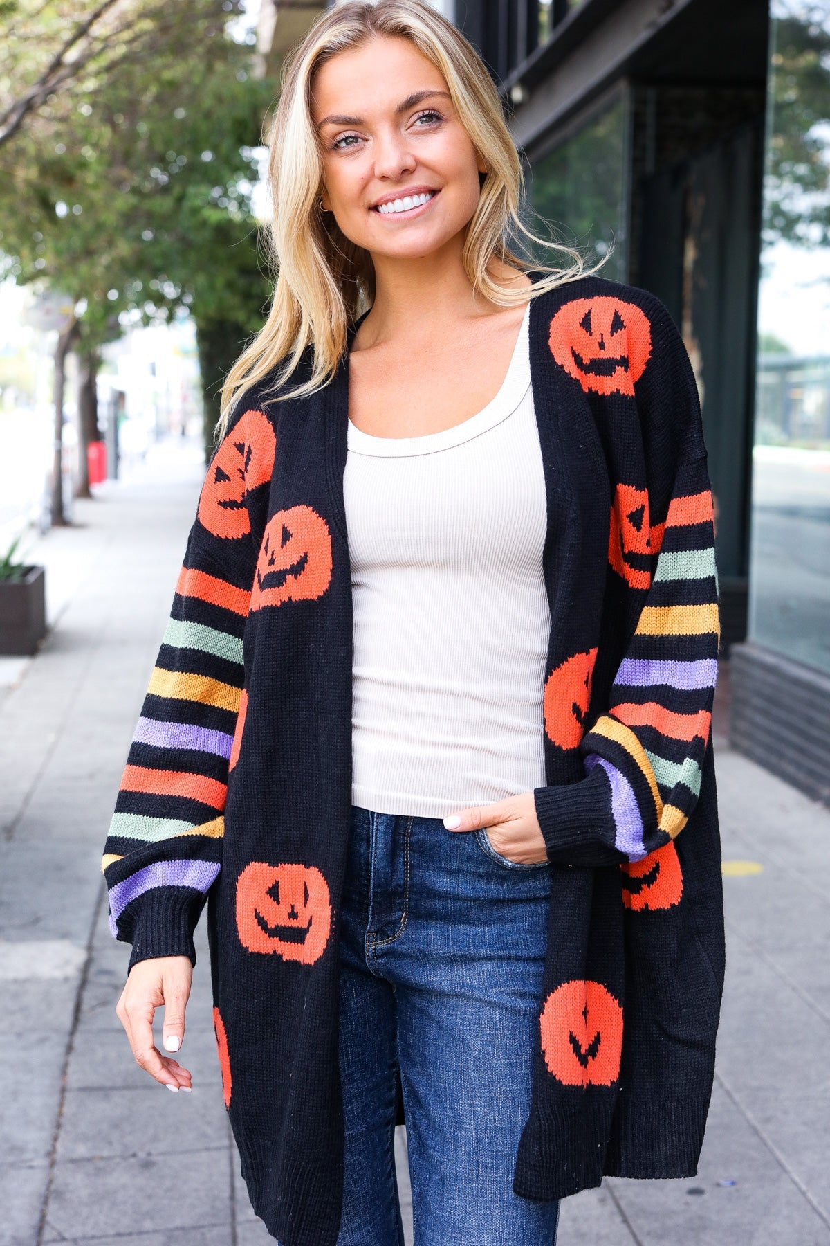 Haptics Pumpkin Multicolor Stripe Jacquard Knit Open Cardigan Haptics