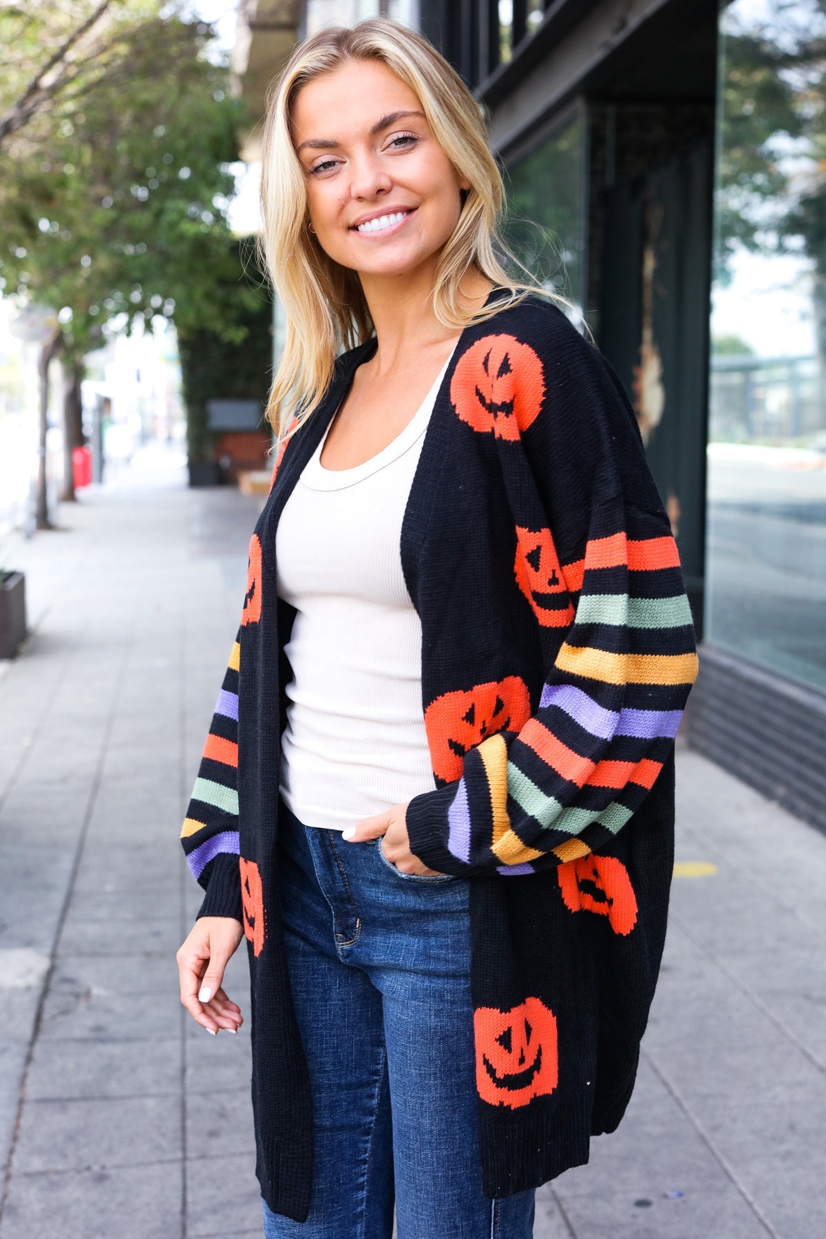 Haptics Pumpkin Multicolor Stripe Jacquard Knit Open Cardigan Haptics