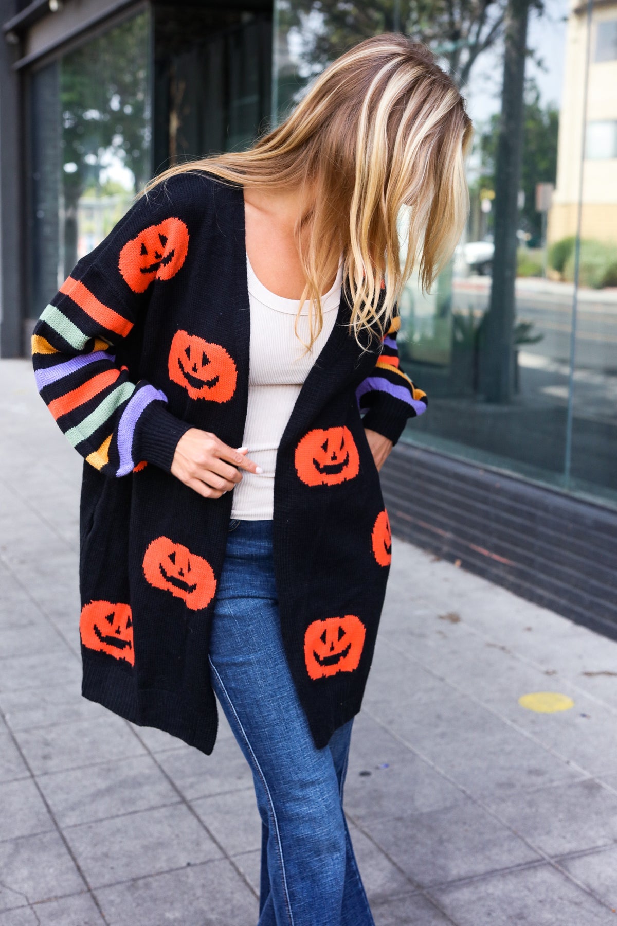 Haptics Pumpkin Multicolor Stripe Jacquard Knit Open Cardigan Haptics