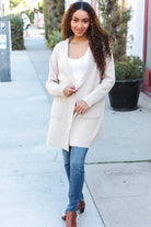 Zenana Taupe Open Sweater Cardigan Hoodie With Pockets Cardigan