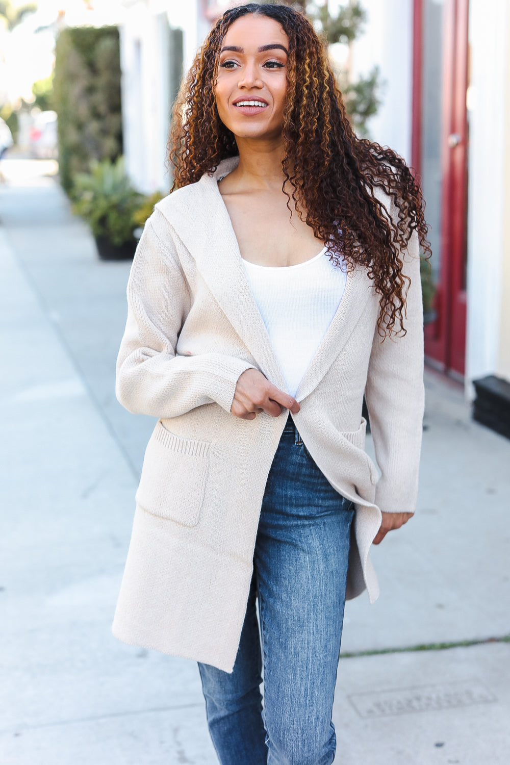 Zenana Taupe Open Sweater Cardigan Hoodie With Pockets Cardigan