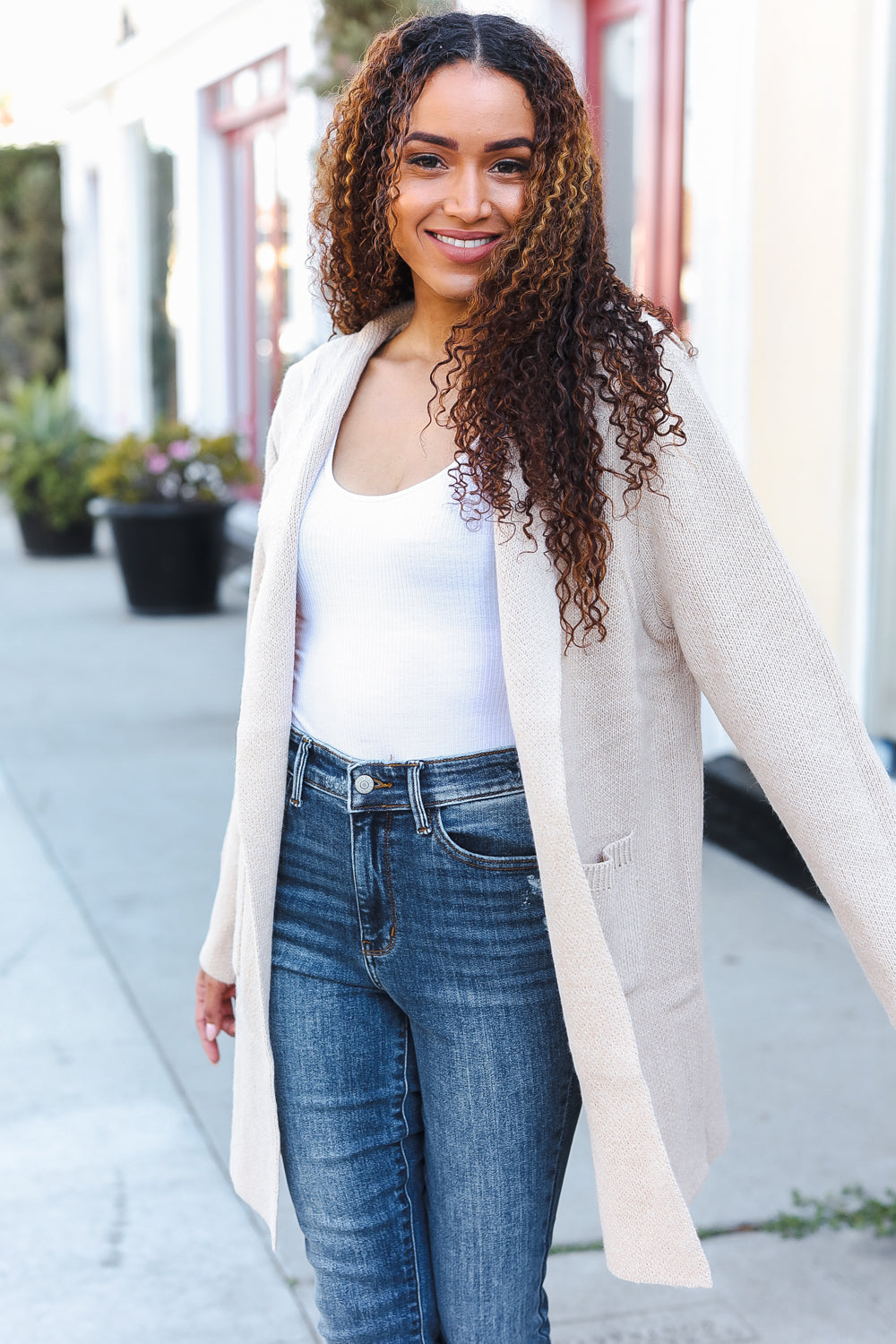 Zenana Taupe Open Sweater Cardigan Hoodie With Pockets Cardigan