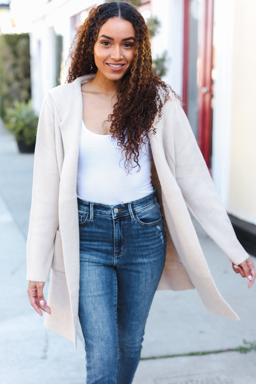 Zenana Taupe Open Sweater Cardigan Hoodie With Pockets Cardigan