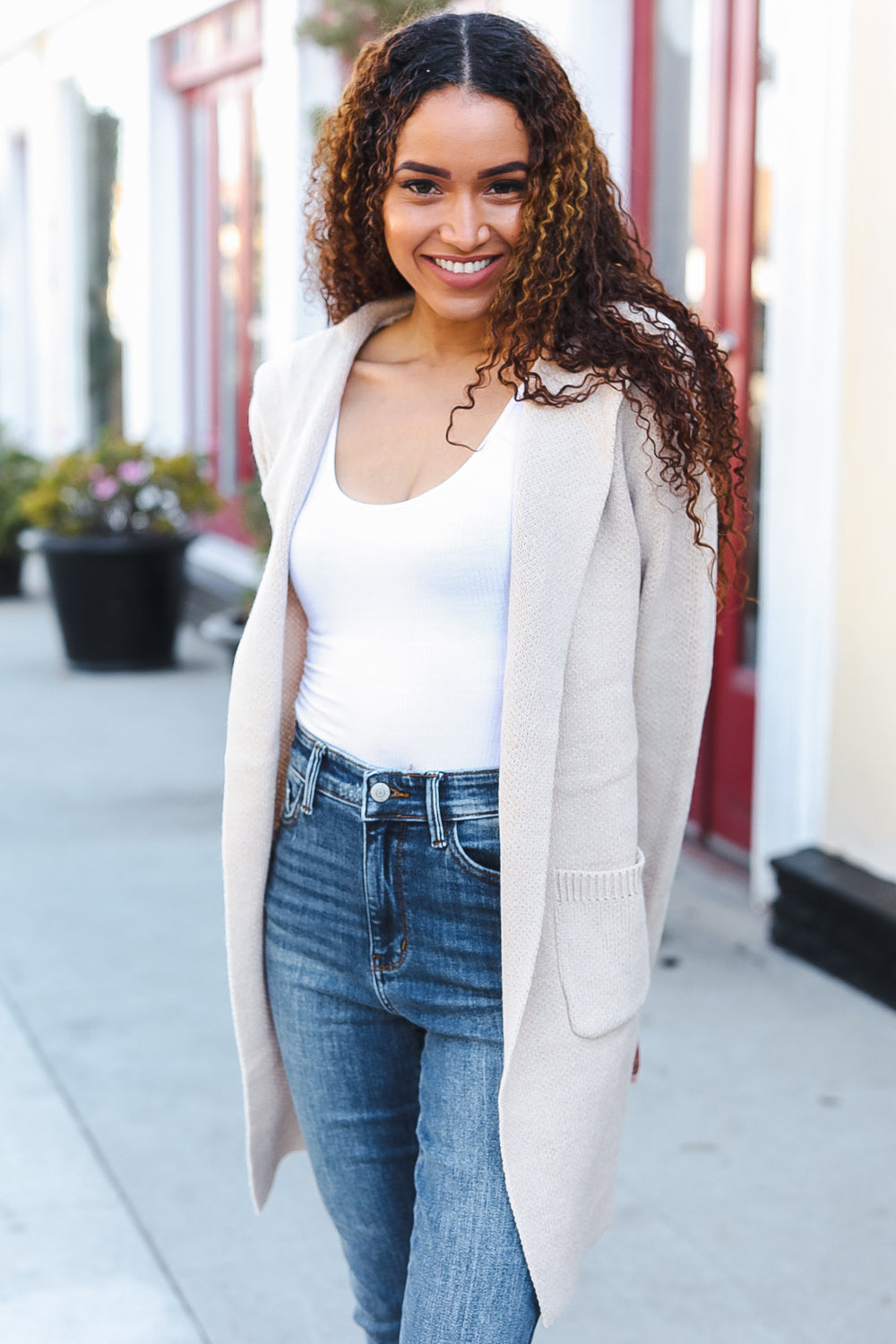 Zenana Taupe Open Sweater Cardigan Hoodie With Pockets Cardigan