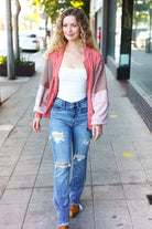 Haptics Boldy You Camel Dolman Sleeve Color block Knit Bomber Jacket