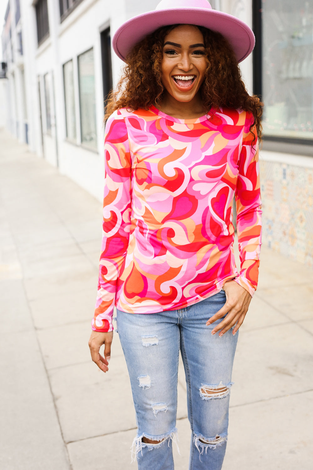 Haptics Find Love Red/Pink Fitted Floral Print Buttery Soft Knit Top