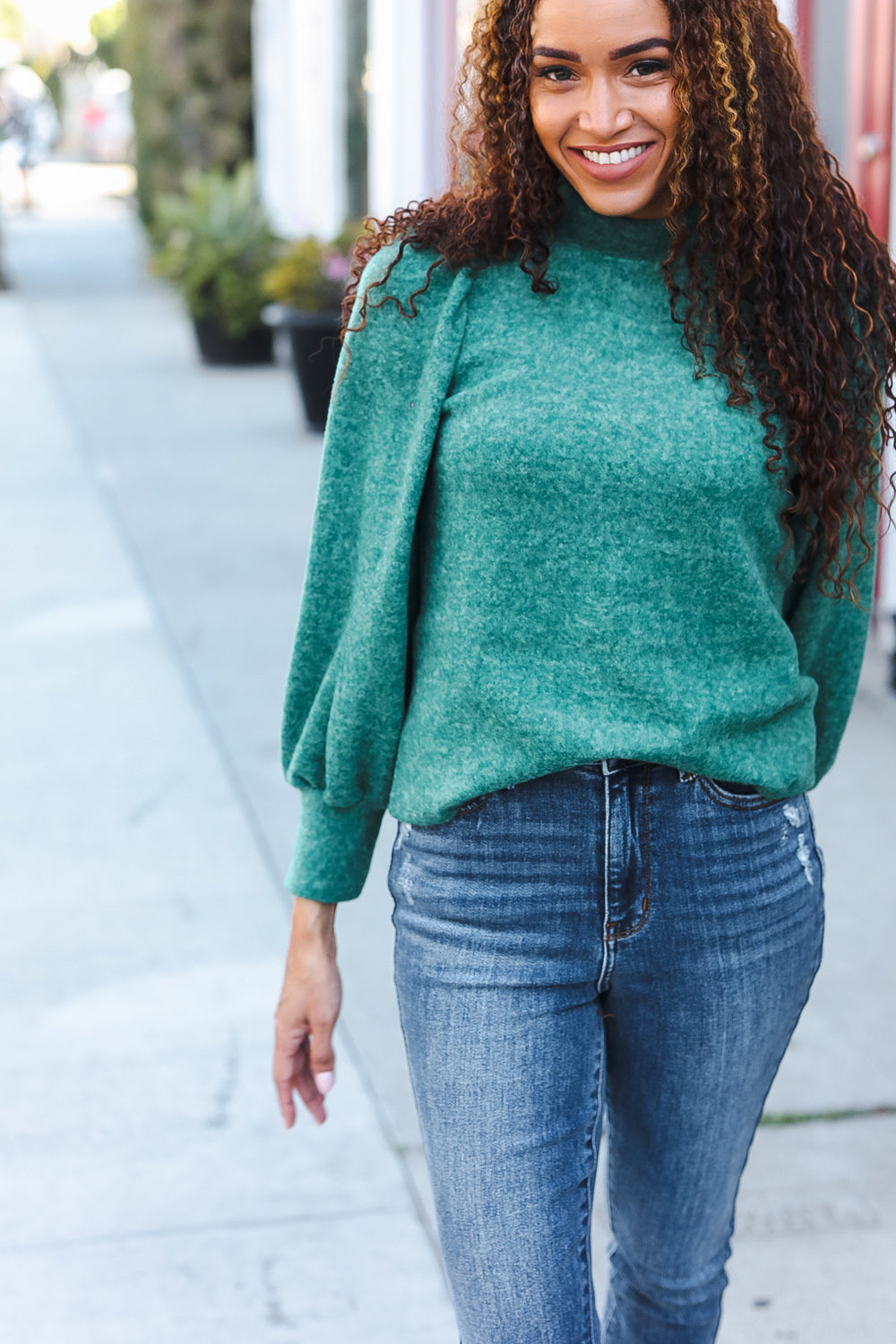 Zenana Green Brushed Melange Puff Short Sleeve Sweater Shirts & Tops