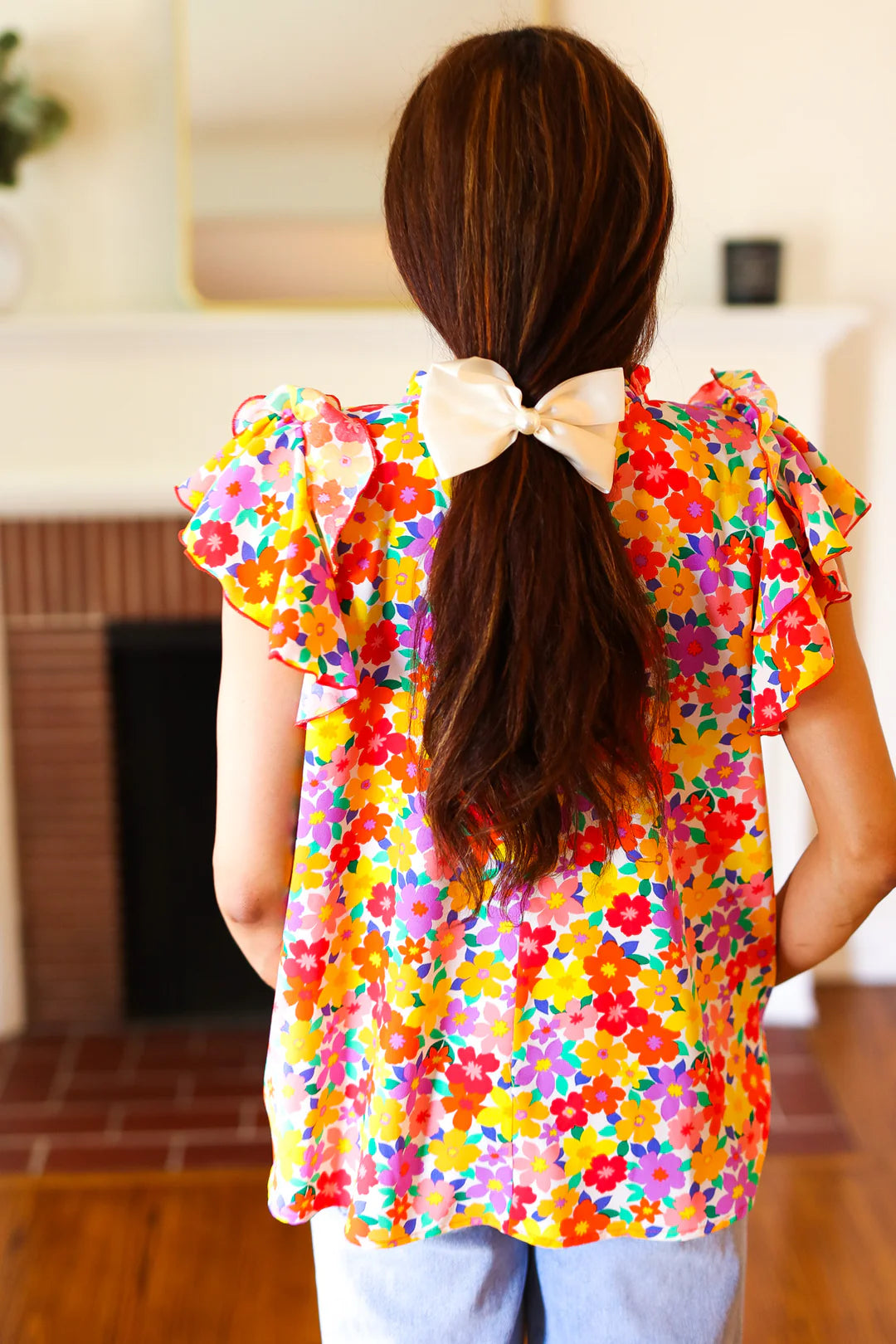 Haptics Flower Power Ivory & Red Floral Mock Neck Flutter Sleeve Top