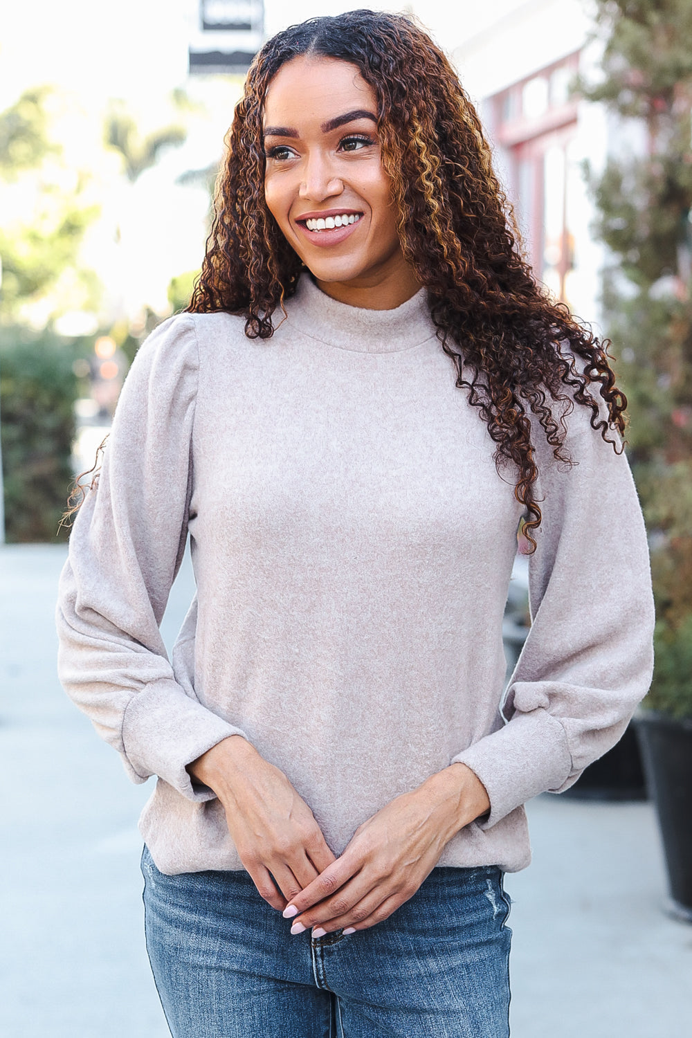 Zenana Taupe Brushed Melange Puff Short Sleeve Sweater Shirts & Tops