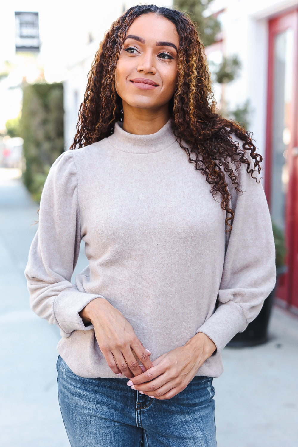 Zenana Taupe Brushed Melange Puff Short Sleeve Sweater Shirts & Tops