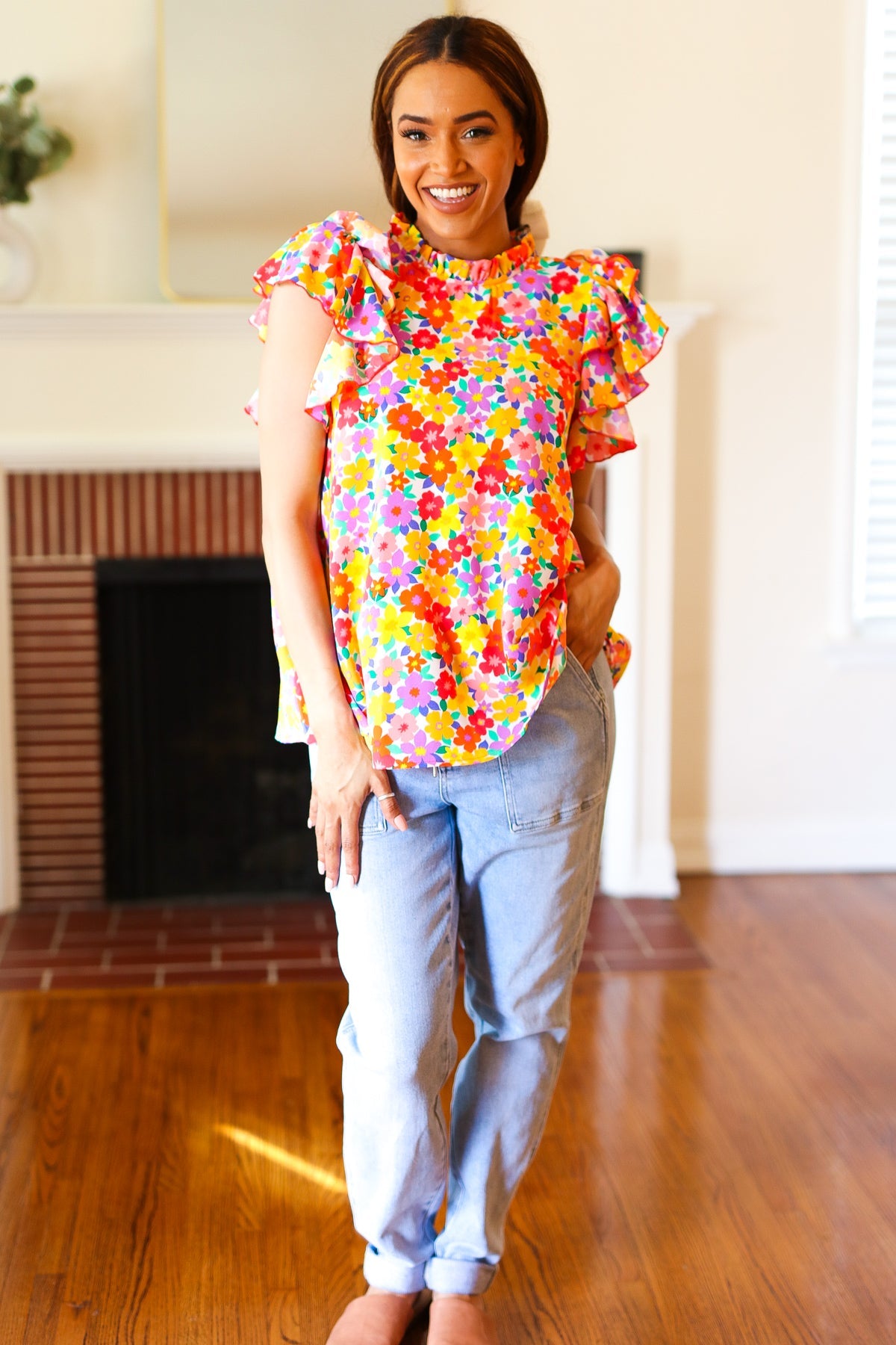 Haptics Flower Power Ivory & Red Floral Mock Neck Flutter Sleeve Top Final Sale