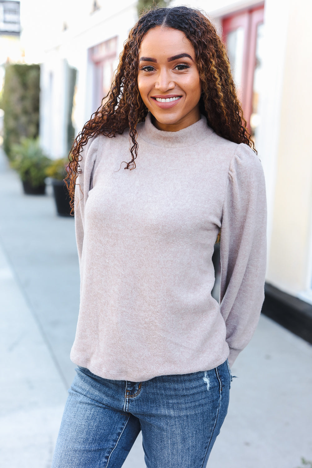 Zenana Taupe Brushed Melange Puff Short Sleeve Sweater Shirts & Tops