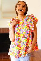 Haptics Flower Power Ivory & Red Floral Mock Neck Flutter Sleeve Top