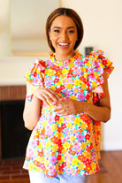 Haptics Flower Power Ivory & Red Floral Mock Neck Flutter Sleeve Top Final Sale